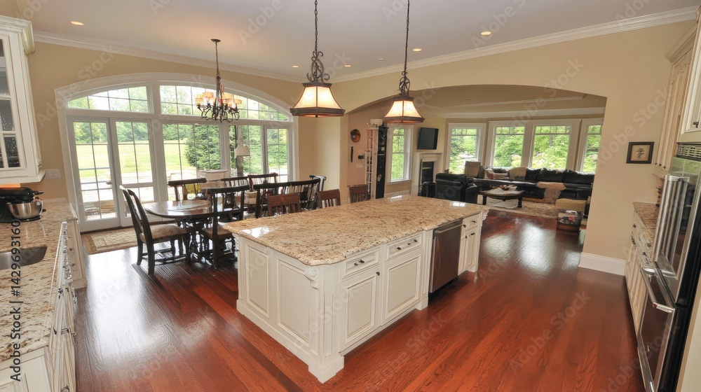 Fototapeta premium Spacious white kitchen with matching white pendant lights and marble countertops