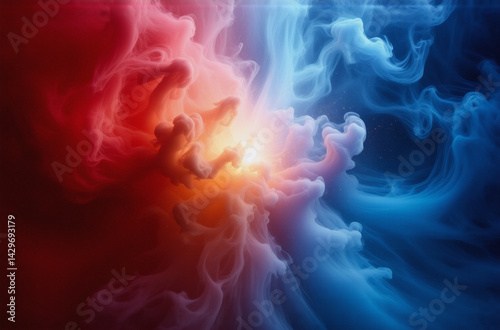 Swirling red and blue inks collide and blend, creating a vibrant, abstract nebula-like effect.  A bright center emits light, illuminating the colorful chaos.