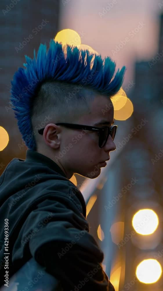 Young man with blue mohawk and dark shades leaning on railing – Rebel Calm Concept
