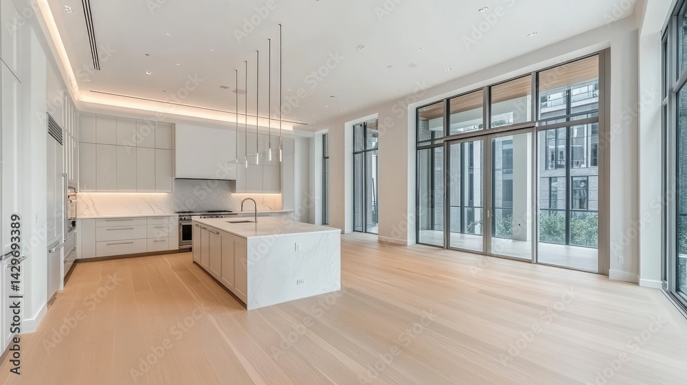 Obraz premium White modern kitchen with sleek cabinets and under-cabinet lighting on light wood floors