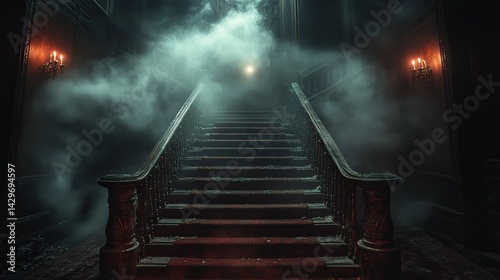 a spooky mansion at night spooky staircase with fog and a glowing ghostly apparition