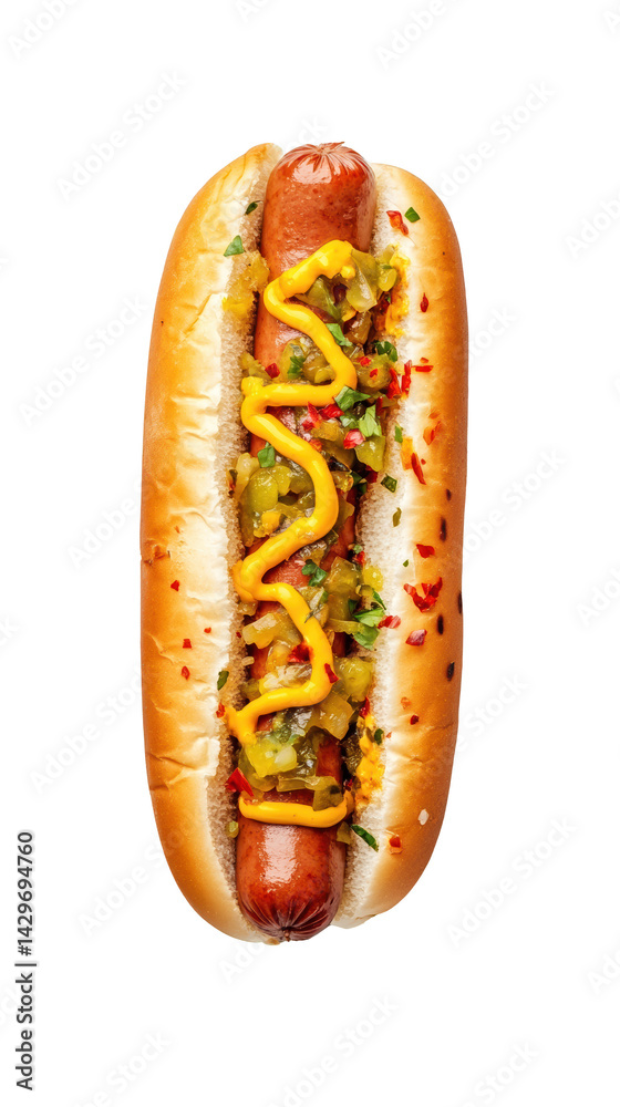 Delicious hot dog with mustard and toppings. Delicious hot dog with mustard and toppings.
