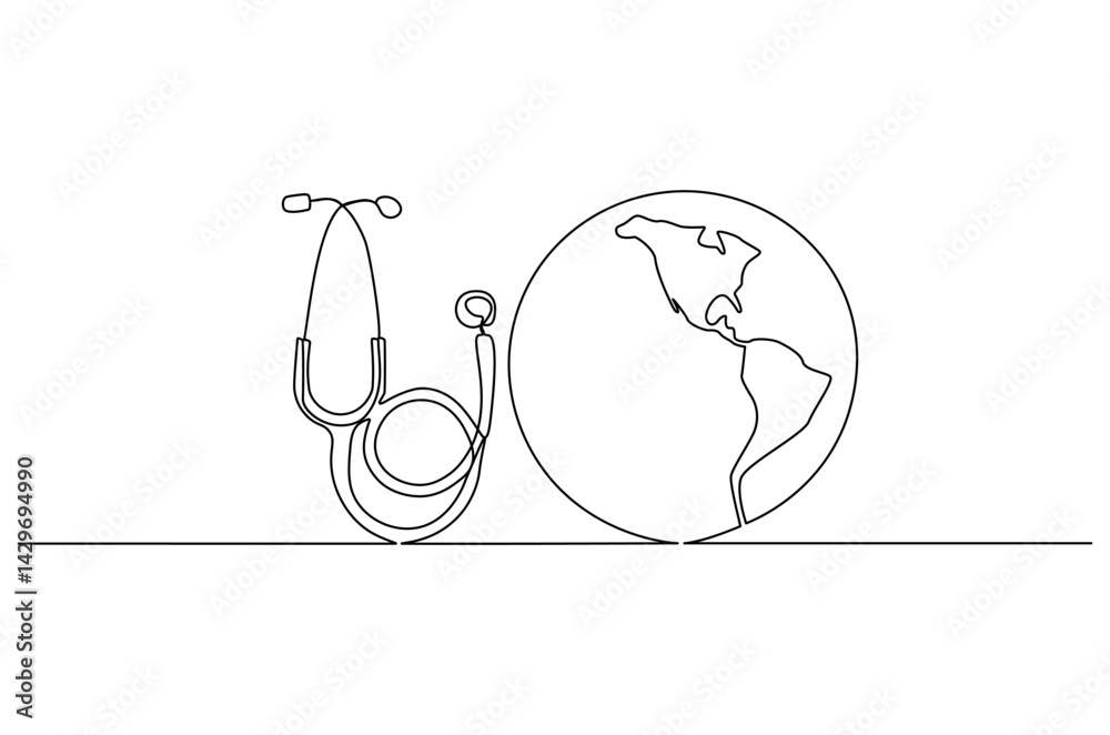 Continuous one line drawing of Earth with stethoscope. Single line drawing illustration of stethoscope attached to globe. World Health Day concept vector art. Doodle line illustration. Continuous one line drawing of Earth with stethoscope. Single line drawing illustration of stethoscope attached to globe. World Health Day concept vector art. Doodle line illustration.