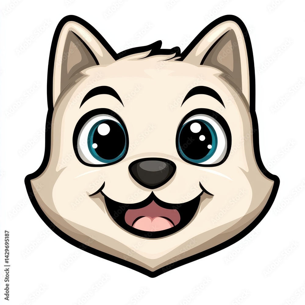 Cartoon illustration of a friendly dog with blue eyes and a cheerful smile