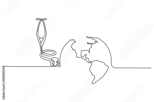 Continuous one line drawing of Earth with stethoscope. Single line drawing illustration of stethoscope attached to globe. World Health Day concept vector art. Doodle line illustration.