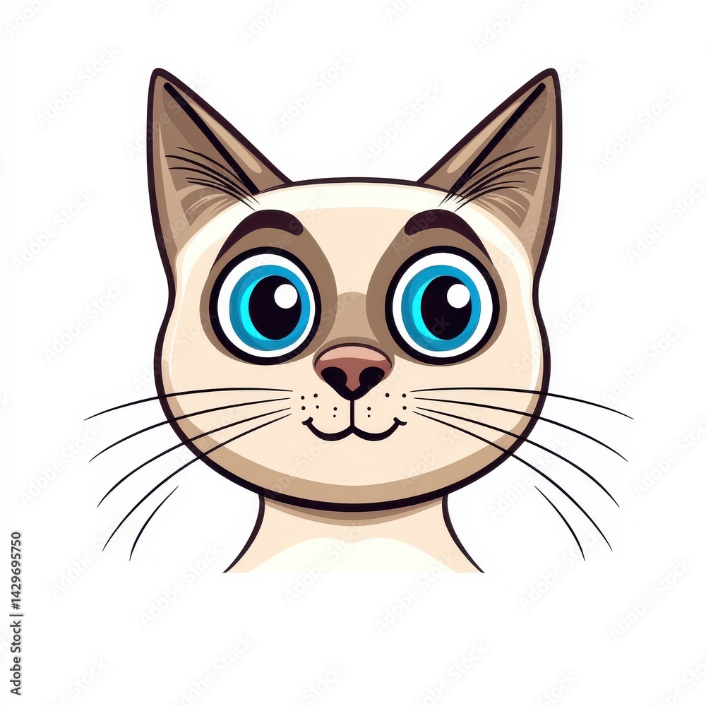 Cartoon illustration of a curious cat with large blue eyes and light beige fur