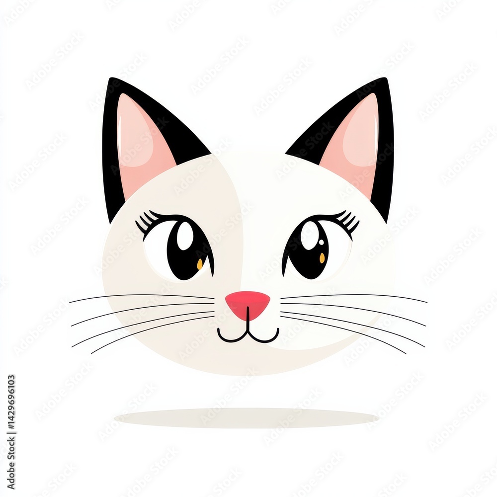 Whimsical illustration of a round white cat with pink nose and black ears