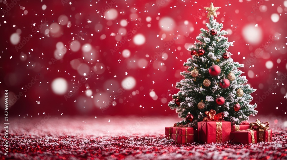 Obraz premium Enchanting christmas tree with bokeh lights and falling snow in festive red