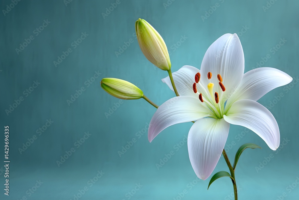Fototapeta premium A delicate white lily on a pastel blue background