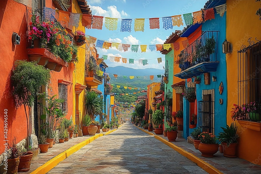 Fototapeta premium A lively street scene in a colorful town, perfect for Independence Day or Cinco de Mayo designs, showcasing vibrant buildings, festive banners, and lush greenery.