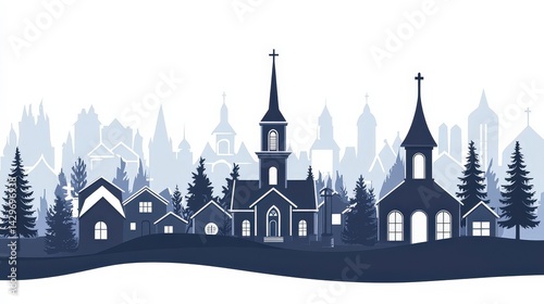 Church spire and window silhouettes, medieval architecture, white background, flat design illustration