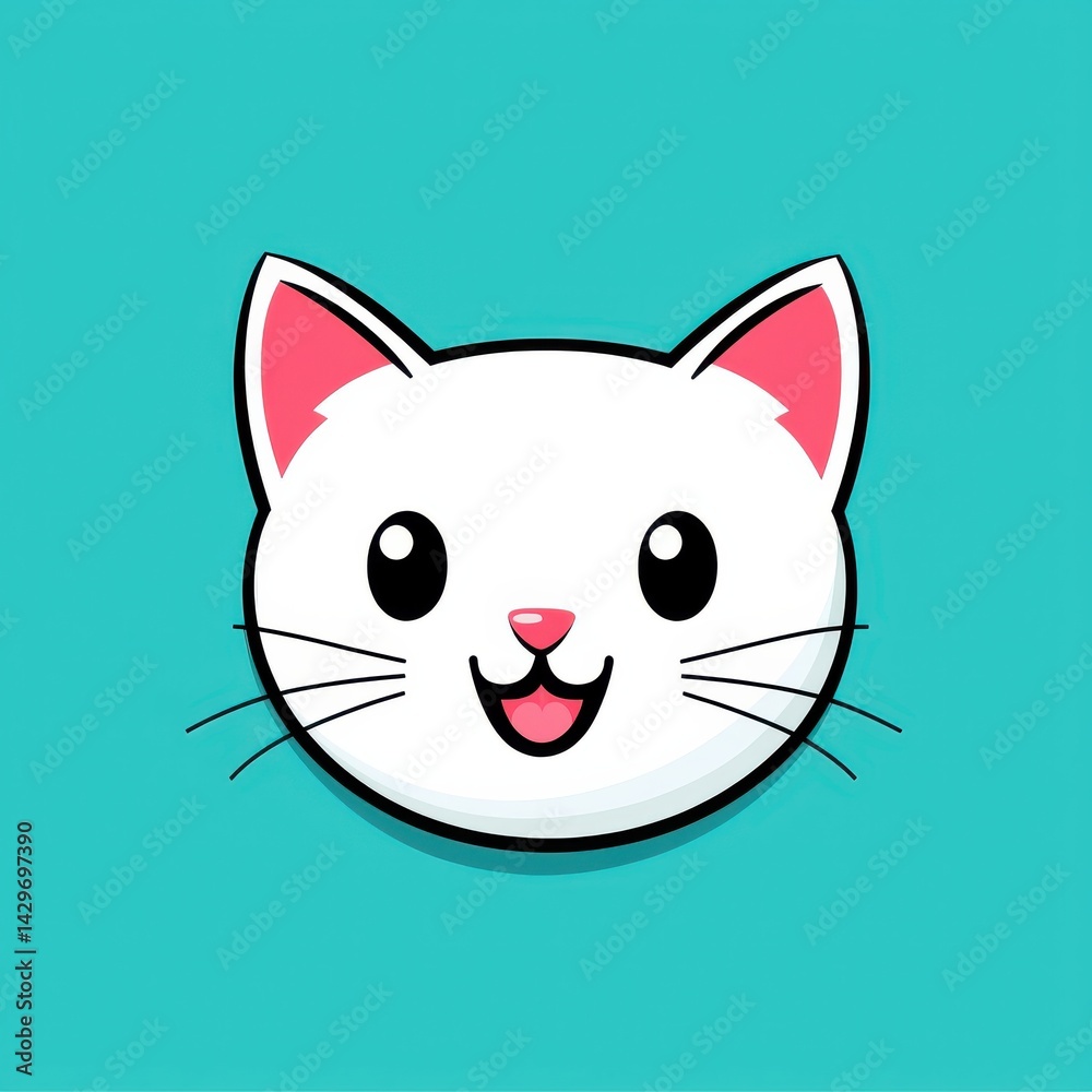 Cartoon illustration of a smiling white cat with black whiskers and pink ears Cartoon illustration of a smiling white cat with black whiskers and pink ears