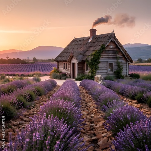 Golden Hour Lavender Field with Rustic Cottage and Sunset Sky