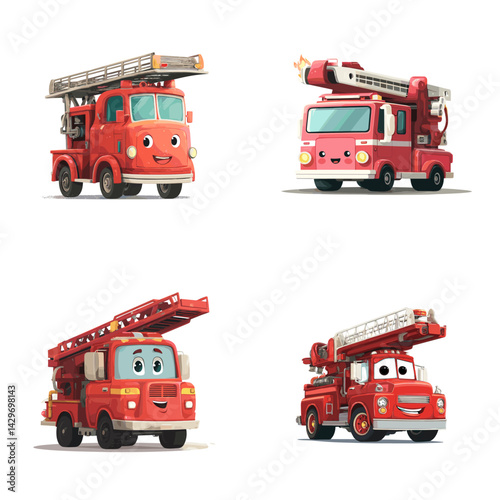 Cute cartoon fire trucks with smiling faces in different styles and expressions. Ideal for kids' content, emergency vehicle education, safety themes, and playful transport illustrations.

