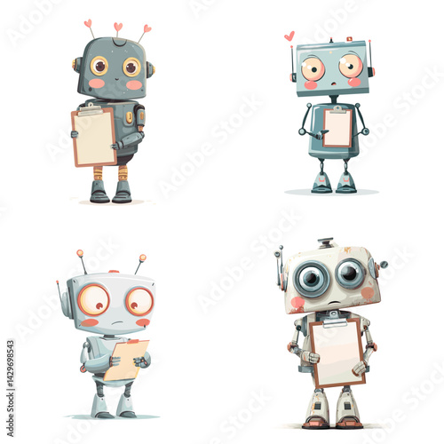 Adorable cartoon robots holding blank signs with expressive faces. Great for tech-themed illustrations, AI content, kids' books, educational material, and futuristic character designs.

