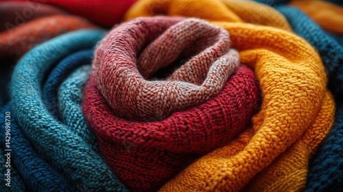 A tangled pile of soft, colorful scarves with different textures