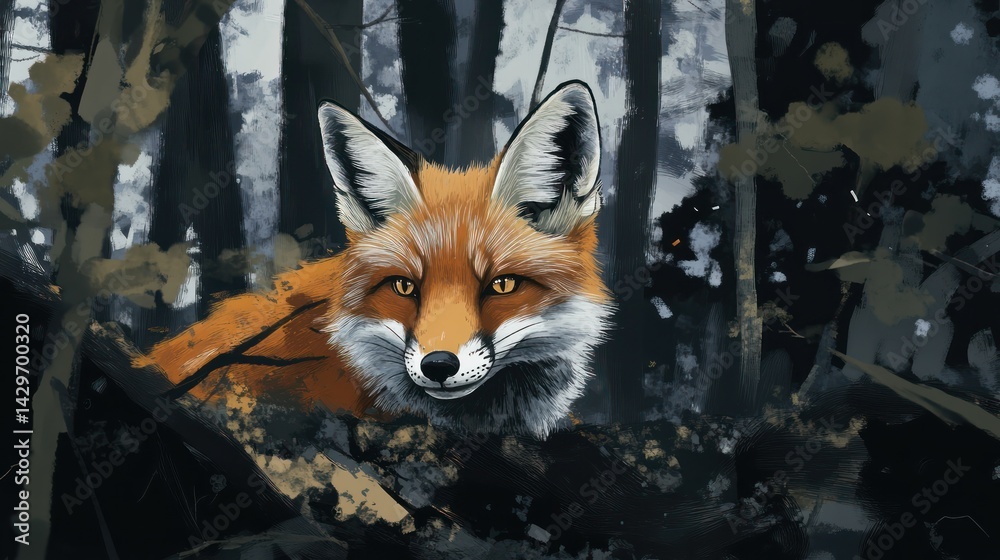 Fototapeta premium Serene fox portrait amidst the muted tones of an enchanted forest setting