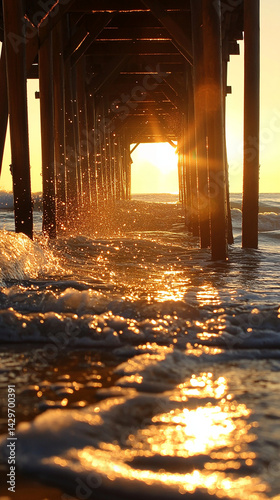 Pier extending into calm sea at sunset