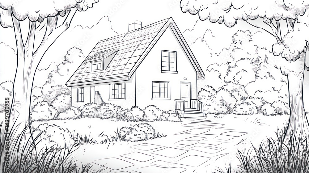 House sketch amid trees, drawing for architectural design on the backyard House sketch amid trees, drawing for architectural design on the backyard