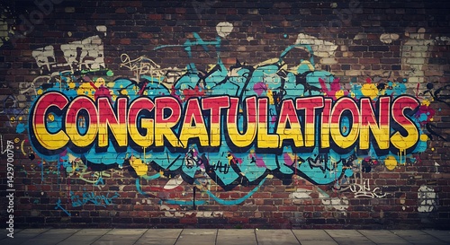 Congratulations Graffiti Art on Old Brick Wall Colorful Street Scene