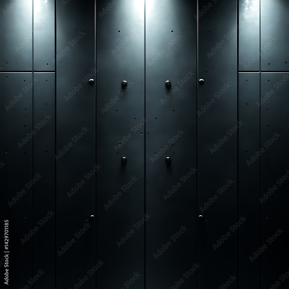 Dark, metallic wall panels illuminated by spotlights Dark, metallic wall panels illuminated by spotlights