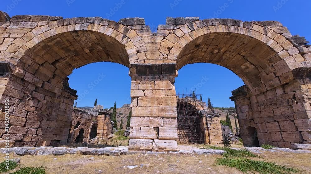 HIERAPOLIS in Denizli, TURKEY, August 13, 2024: The ancient city of Hierapolis near Pamukkale, against the backdrop of nature and mountains. The Phrygian period.UNESCO.4K