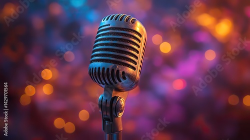A vintage microphone is center stage in colorful spotlights, creating anticipation for music or open mic night.
