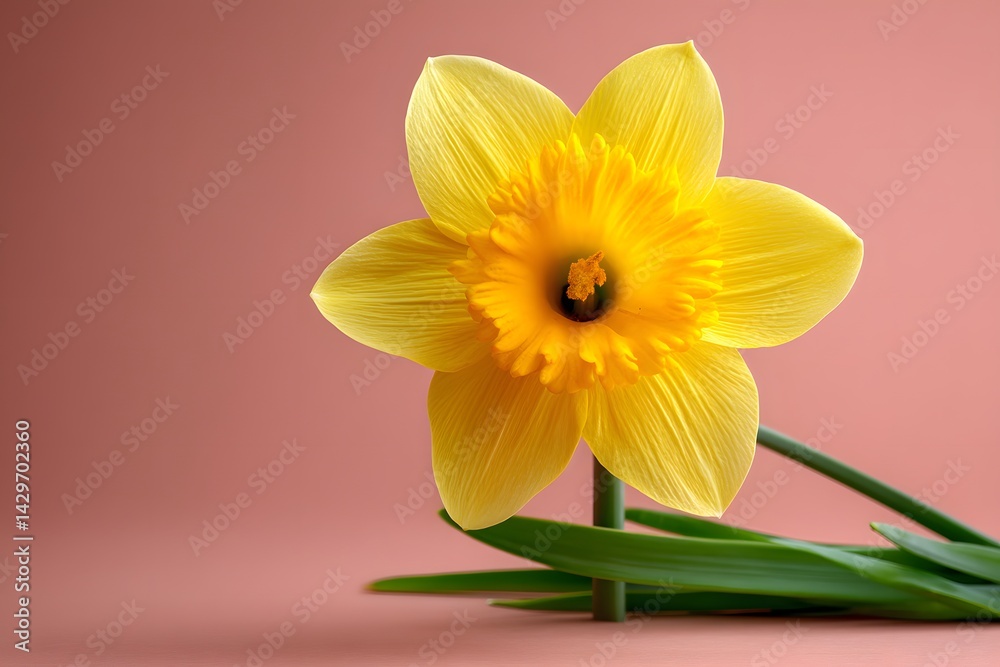 Fototapeta premium A single yellow daffodil on a pale pink background 