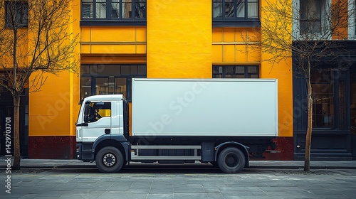 A white delivery truck with blank space for a logo is parked near a yellow wall on the street, creating a perfect advertising and corporate mockup for transportation and cargo companies.