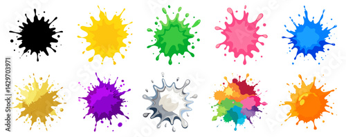 A vibrant collection of ten distinct ink or paint splatters in various colors, including black, yellow, green, pink, blue, gold, purple, grey, a multi-colored blend, and orange, symbolizing creativity