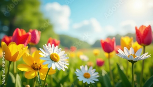 A cluster of vibrant daisies and tulips in a sunny meadow , tulips, colorful