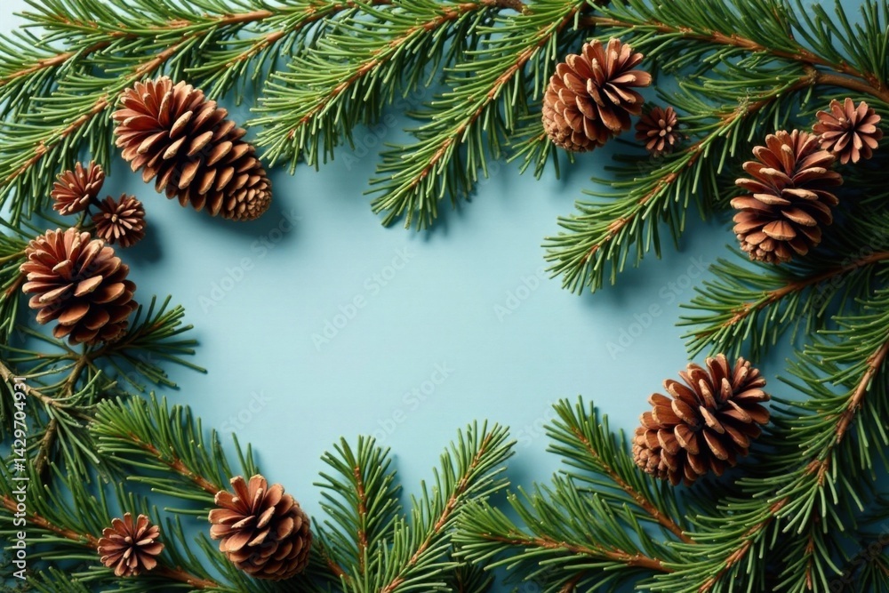 Dense fir branches intertwined with rustic pine cones and dried evergreen foliage , winter wonderland, forest elements, seasonal decoration Dense fir branches intertwined with rustic pine cones and dried evergreen foliage , winter wonderland, forest elements, seasonal decoration