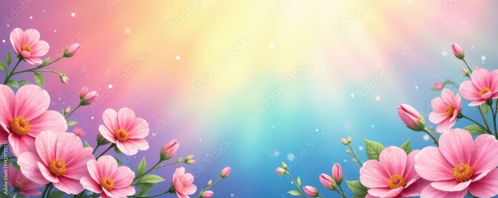 Obraz premium Pastel rainbow gradient background with floral elements, Colorful background, Rainbow gradient background