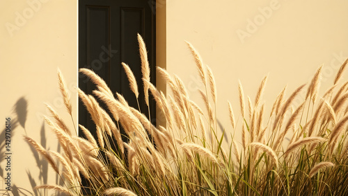 realistic Beautiful shades of neutral pampas grass and reeds makes for an aesthetic background with sunlight casting shadows on the wall giving off Parisian vibes
