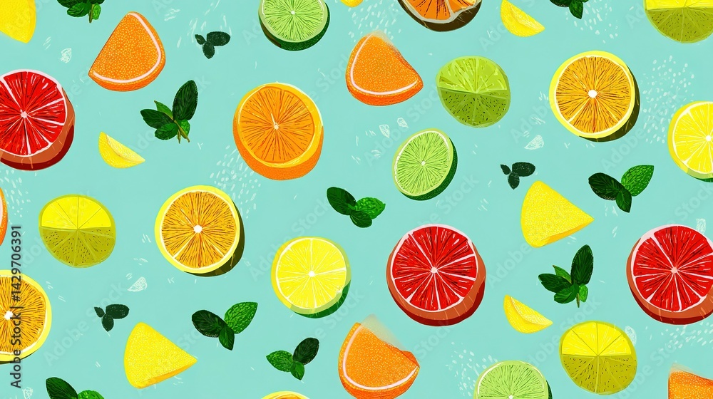 Vibrant citrus fruit slices and mint leaves pattern design. Vibrant citrus fruit slices and mint leaves pattern design.
