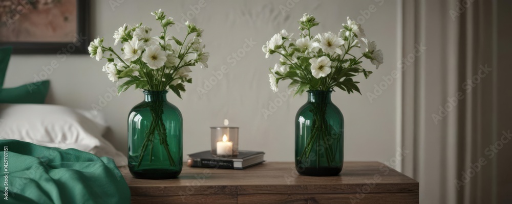 Fototapeta premium Chic bottle vase, blooming flowers, trendy nightstand, emerald green sheets , emerald green sheets, cozy, relaxing