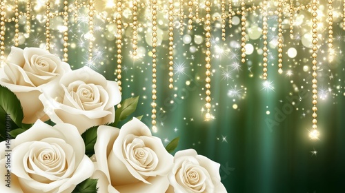 white burgundy stage backdrop with white roses and white bead curtains, luxurious wedding stage with red velvet curtains, and hanging pearl garlands in elegant romantic design for wedding celebration