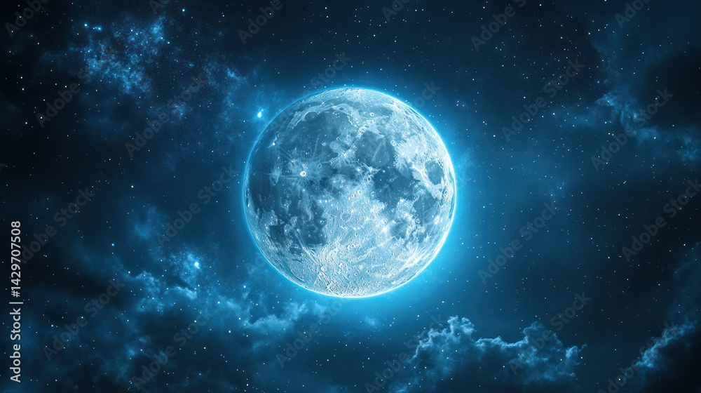 Majestic moon glows amidst a starry sky, enveloped in celestial clouds Majestic moon glows amidst a starry sky, enveloped in celestial clouds