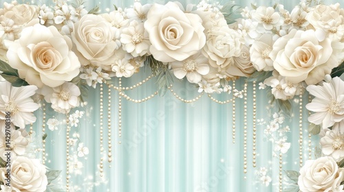 white burgundy stage backdrop with white roses and white bead curtains, luxurious wedding stage with red velvet curtains, and hanging pearl garlands in elegant romantic design for wedding celebration