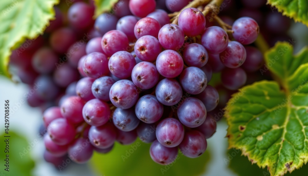 Fresh and Juicy Grapes Cluster with Vibrant Colors and Healthy Green Leaves Fresh and Juicy Grapes Cluster with Vibrant Colors and Healthy Green Leaves