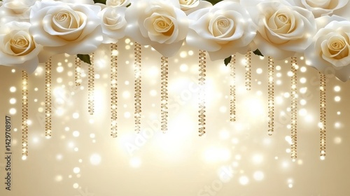 white burgundy stage backdrop with white roses and gold glowing gold lighting luxurious wedding stage background and hanging pearl garlands in elegant romantic design for wedding celebration