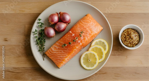 A delicious salmon fillet with fresh thyme, shallots, lemon slices, and a side of grainy mustard, ready to be prepared and enjoyed.