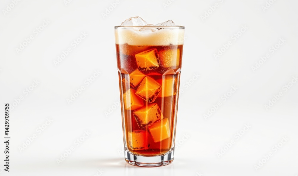 Refreshing iced beverage in a clear glass with ice cubes and frothy top on a light background Refreshing iced beverage in a clear glass with ice cubes and frothy top on a light background