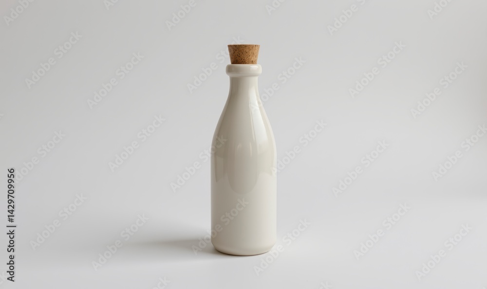 Elegant ceramic bottle with cork stopper on a simple white background, perfect for minimalist decor and styling Elegant ceramic bottle with cork stopper on a simple white background, perfect for minimalist decor and styling