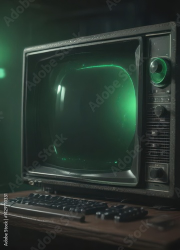 Close-up of vintage CRT with green phosphor glow and heavy static , phosphor, vintage, signal