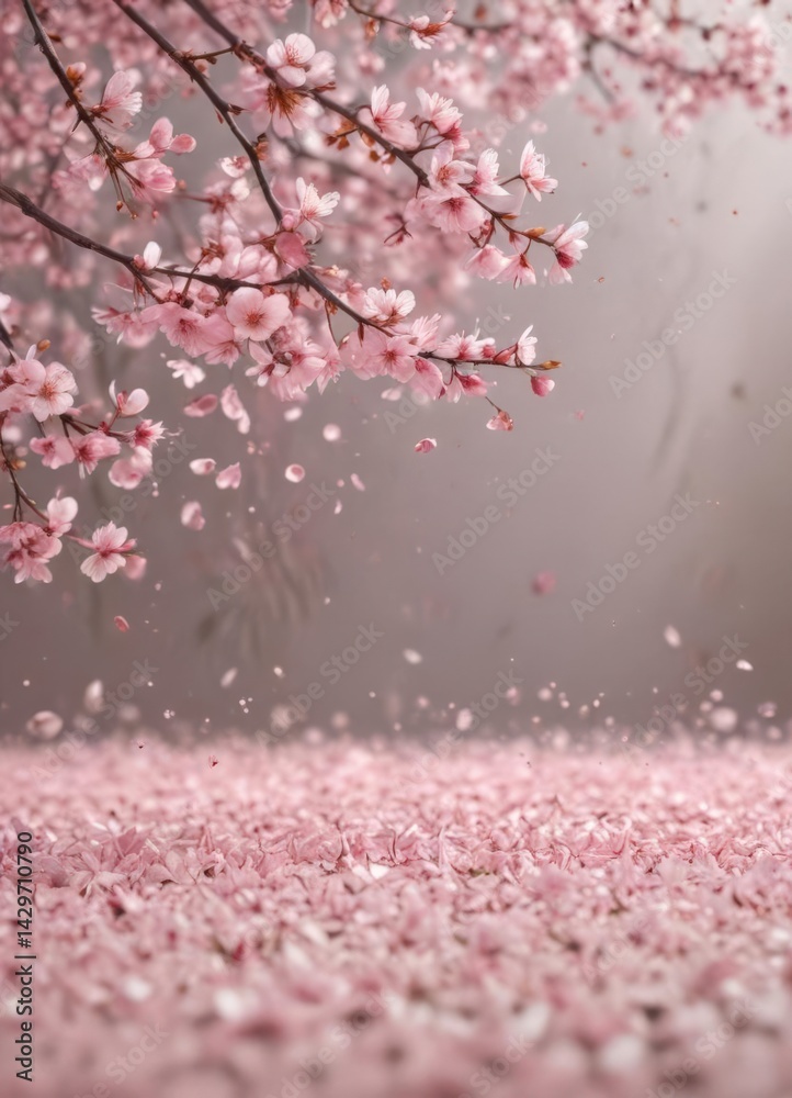 Obraz premium Delicate pink sakura petals drift on a soft-focus spring backdrop , flower, floral