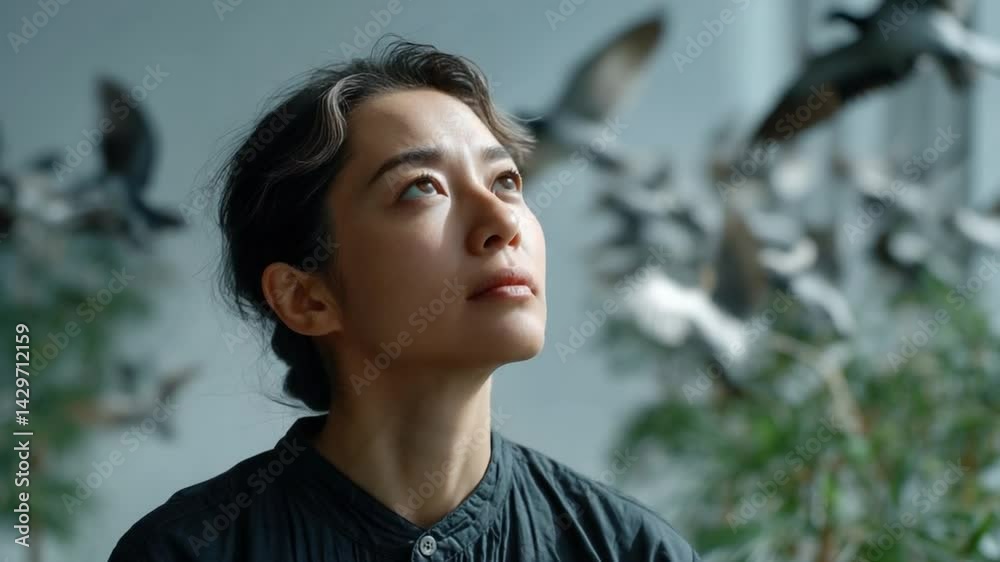 Contemplative Gazing: A captivating portrait of a woman in serene contemplation, her eyes fixed upwards as she observes birds soaring, captured in a moment of natural beauty and introspection.