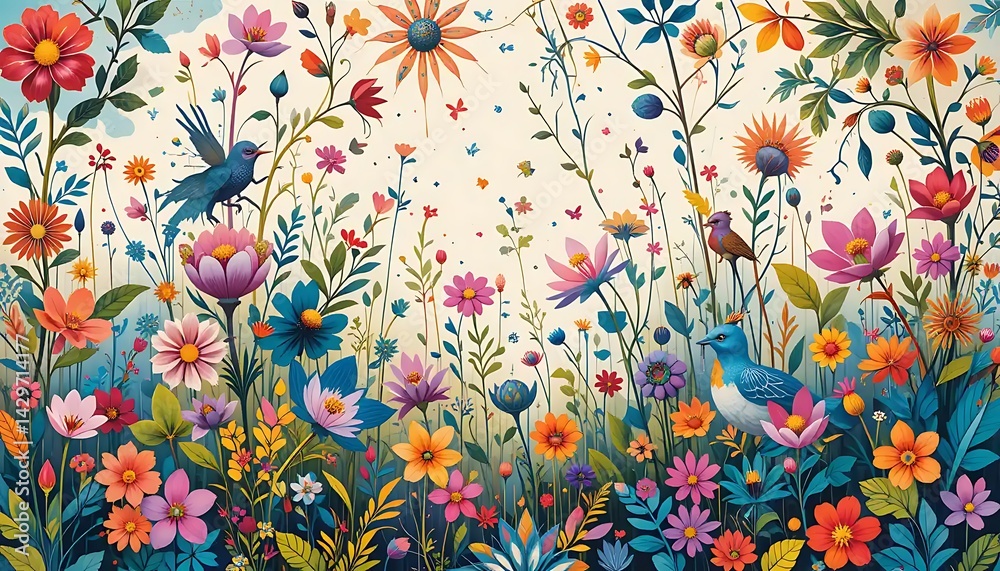 Fototapeta premium Whimsical botanical dreamscape featuring avian visitors amid vibrant floral fields