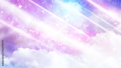 Dreamy Pastel Pink Purple and Blue Sky with Soft White Clouds, Glowing Diagonal Light Rays, Tiny Hearts, and Sparkling Stars Across a Magical Background
