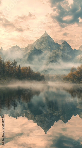 Quiet mountain lake at sunrise with birdsong